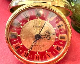 $110, Semca Swiss Brass Desk Clock 8 Day Wind Mechanical Red Enamel Roman Numeral Table Clock
