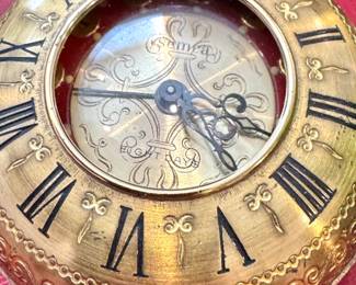 $110, Semca Swiss Brass Desk Clock 8 Day Wind Mechanical Red Enamel Roman Numeral Table Clock