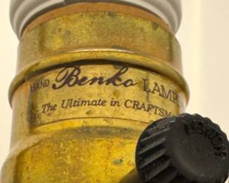 $500, Berko Table Lamp Brass Wood Base Mid Century Modern Sculptural Lighting Tall Drum Shade