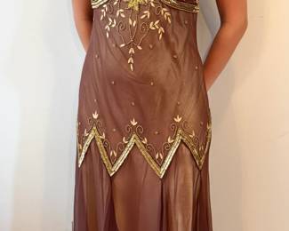 Brown Beaded Chiffon Flapper-Style Evening Dress with Chevron Detail