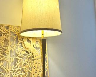 $500, Berko Table Lamp Brass Wood Base Mid Century Modern Sculptural Lighting Tall Drum Shade