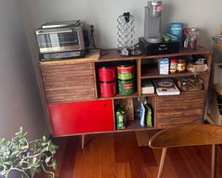 Walnut Finish Mid-Century Style Credenza with Slatted & Red Doors