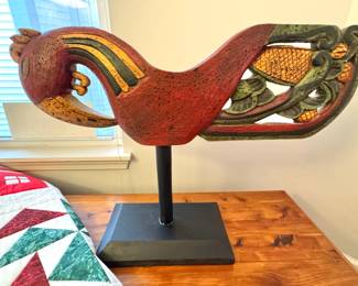 Carved and Polychrome Painted Wooden Rooster Motif Architectural Fragment on Wood Stand