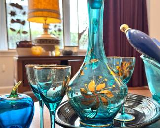$125, Mid Century Blue Glass Decanter Set Gold Floral Etched Glasses Barware Retro Drink Set
