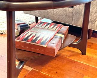 $275, Walnut Two-Tier Guitar Pick Side Table, Mid-Century Modern