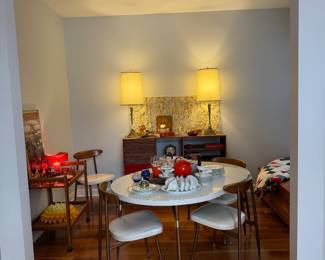 Mid-Century Modern Oval White Laminate Dining Table & 4 Curved Back Chairs