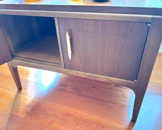 $400, Lane Altavista Mid Century Modern Walnut Side Table Nightstand Cabinet Brass Handle Storage