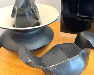 Matte Black Ceramic Faceted Bird Sculptures and Postmodern Flared Bowl
