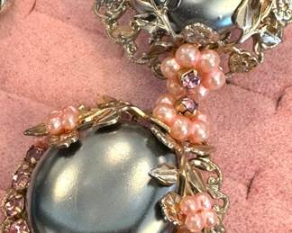 $25 - Gold-Tone Costume Jewelry Pendant with Faux Grey Pearl and Pink Rhinestones