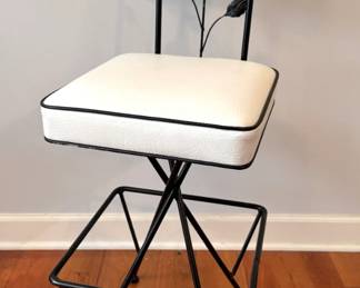 $225, Mid Century Modern Swivel Bar Stool White Vinyl Seat Black Metal Atomic Base Vintage Style Chair
