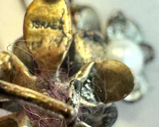 Gold-Tone Metal Floral Brooch with Faux Pearl — Israeli Origin