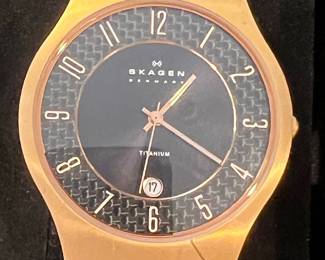 $40, Skagen Titanium Quartz Watch Gold Tone Case Black Dial Mesh Band Date Dress Watch