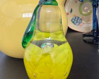 $55, Hall China Yellow Pitcher Vintage Style Ceramic Water Jug USA Pottery Serving Pitcher  $35, Murano Style Art Glass Pear Paperweight Yellow Green Hand Blown Fruit Figurine Decor