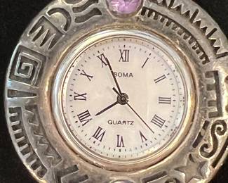 $45, Boma Quartz Watch Silver Tone Tribal Design Amethyst Stone Accents Mesh Band Vintage Southwestern Style Watch