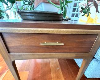$225, Lane Altavista Mid Century Modern Walnut Nightstand Side Table Single Drawer Brass Pull Storage
