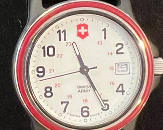 $65, Swiss Army Victorinox Quartz Wrist Watch Red Bezel Date Field Watch Black Leather Strap Swiss Made