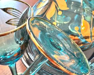 Mid-Century Teal Glass Pitcher and Goblet with 22K Gold Foliage