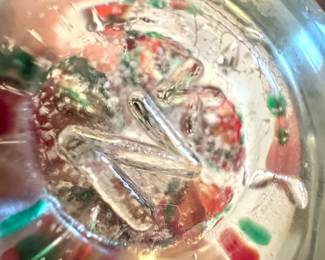 $45, Vintage Murano-Style Art Glass Paperweight Controlled Bubble Millefiori Red Green Clear Mid Century Decor