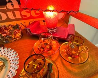 $45 - Mid-Century Amber Glass Espresso Cups & Saucers with Hand-Painted Daisies