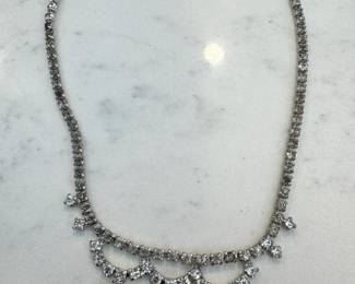 $45, Kramer Rhinestone Necklace Vintage Silver Tone Clear Crystal Choker Statement Necklace Bridal Prom Jewelry