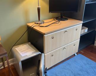 mid-century modern table lamp with wood and brushed nickel elements $120 each Lite maple file cabinet $$250 , floor safe 