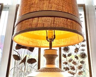 $250, Mid Century Modern Ceramic Table Lamp Textured Base Atomic Pattern Drum Shade Retro Lighting
