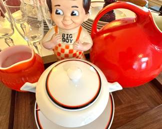 Ceramic Fiestaware Pitcher and Vinyl Bob's Big Boy Advertising Bank