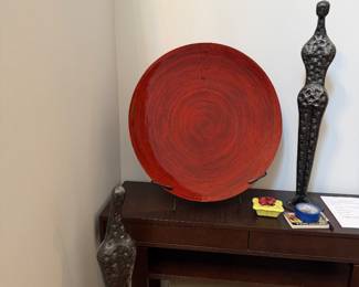Tall Cast Resin Figural Sculpture and Large Red Lacquer Spun Charger