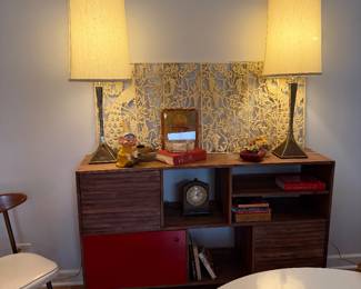 Walnut Asymmetrical Credenza with Slatted and Red Door