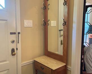 $425.00 - Antique Hall Tree with Mirror, 4 Hooks, Marble Top with 1 Drawer