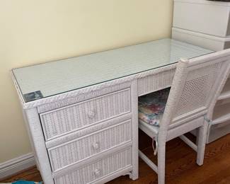 Vintage Henry Link White Wicker Desk with Glass Top and Matching Chair - Width: 46.25 inches Height: 30.25 inches Depth: 19.25 inches- $295.00 