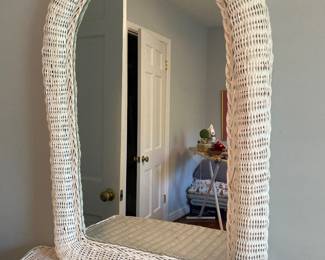 $75.00 -Vintage Wicker Arched Wall Mirror Accent White Boho Cottage - 23" x 36"