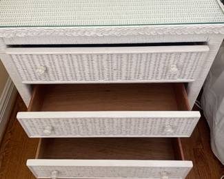 $295.00 - Henry Link Vintage White Wicker 3 Drawer Dresser with Glass Tabletop - 30" x 19" x 30"T