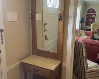 $425.00 - Antique Hall Tree with Mirror, 4 Hooks, Marble Top with 1 Drawer