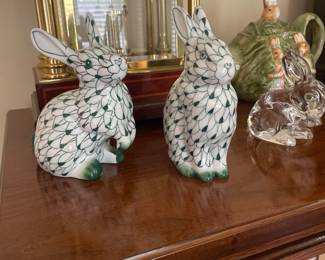 $56.00 - Pair of Andrea by Sadek Green White Porcelain Bunny Figurines Hand Painted 
