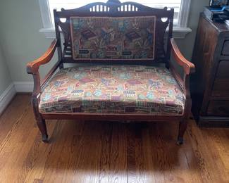$425.00 - Antique Victorian Eastlake Style Loveseat Featuring Unique Book Upholstery - 40"