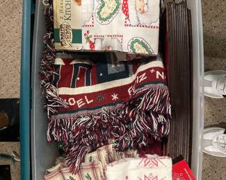 $30.00 - Tub of Christmas Kitchen Towels, Tableware, Placemats and Blanket