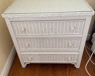 $295.00 - Henry Link Vintage White Wicker 3 Drawer Dresser with Glass Tabletop - 30" x 19" x 30"T