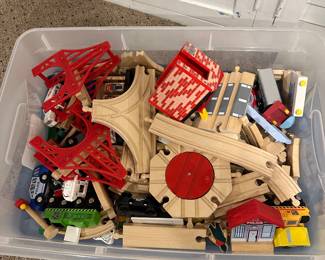 $25.00 - Collection of Wooden Train Tracks and Accessories