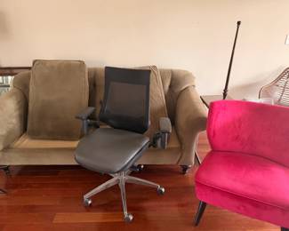 Velvet couch, desk chair, pink velvet chair