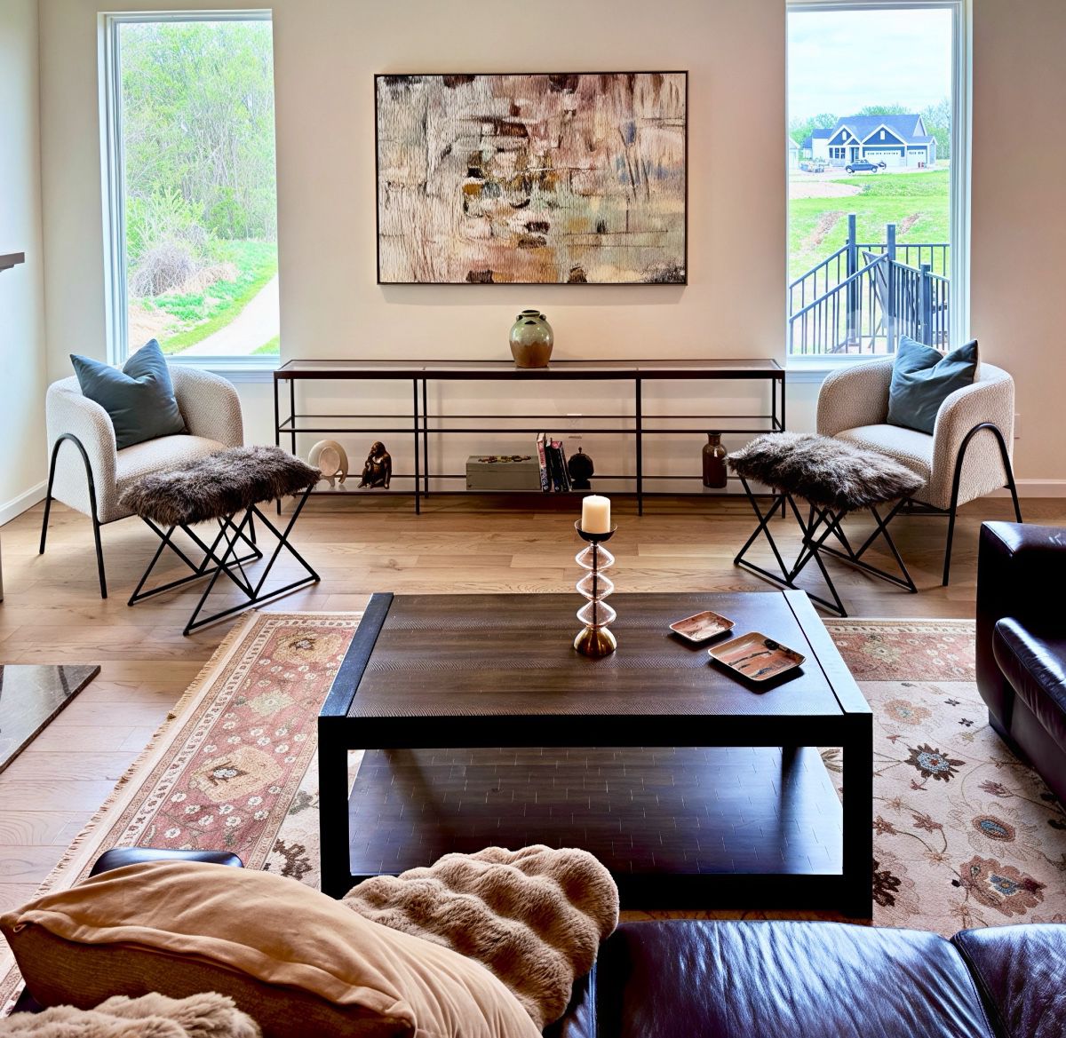 2x Uttermost Chairs and Ottomans, Coffee Table, Michell Gold + Bob Williams Gold Metal and Glass Console, Wall Art and Home Décor 
