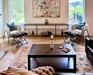 2x Uttermost Chairs and Ottomans, Coffee Table, Michell Gold + Bob Williams Gold Metal and Glass Console, Wall Art and Home Décor 