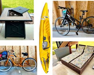 Pelican Kayak, Fire Table, Trek Bike, Schwinn Beach Cruiser, Double Lounge Chair