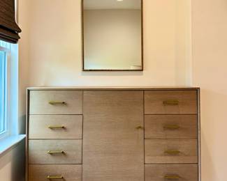 Michell Gold + Bob Williams Dresser / Chest with Interchangeable Gold and Silver Hardware, and Gold Wall Mirror