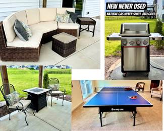 Outdoor Sectional, Table Tennis / Ping Pong Table, NEW Weber BBQ Grill martial Gas, and Wrought Iron Chairs