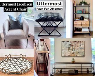 Uttermost Jacobsen Accent Chair, Uttermost Faux Fur Ottoman, Mitchell Gold + Bob Williams Metal and Glass Bookshelf and Mirror Tray 
