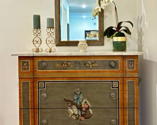 Drexel Heritage Marble Top Neoclassical Style Painted Chest, Mirror and Décor 