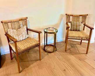 Crate and Barrel Rush Seat Armchairs, Brass Round Table