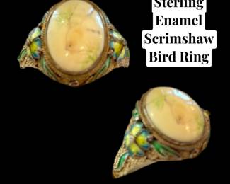Sterling Enamel Scrimshaw Bird Ring