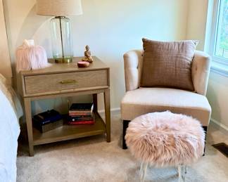 Michell Gold + Bob Williams Nightstand, Tufted Chair, Table Lamp, Faux Fur Ottoman and Décor 